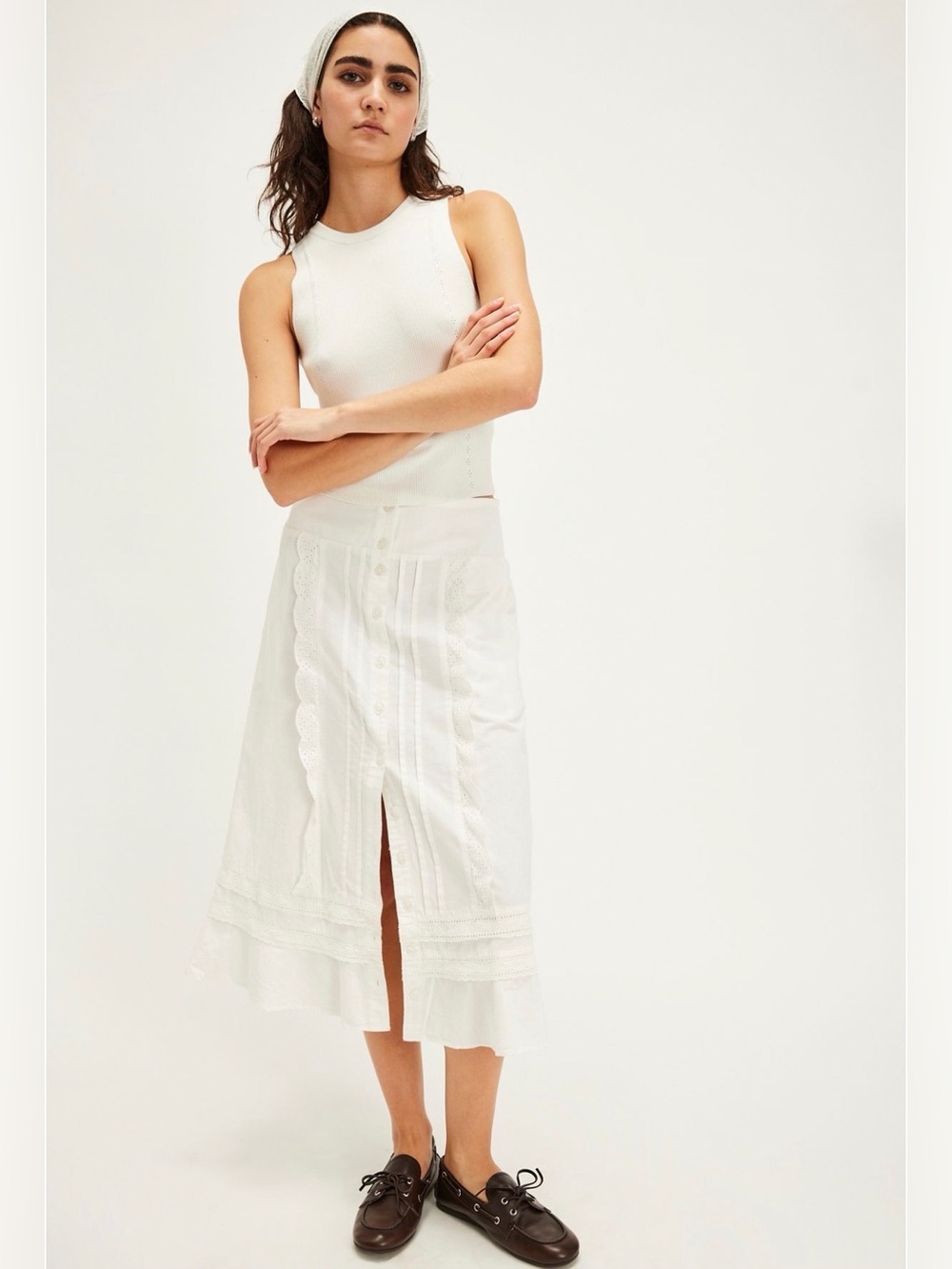 NWT Free People Whitney White Cotton Line Ivory Women’s Midi Skirt | Size Large